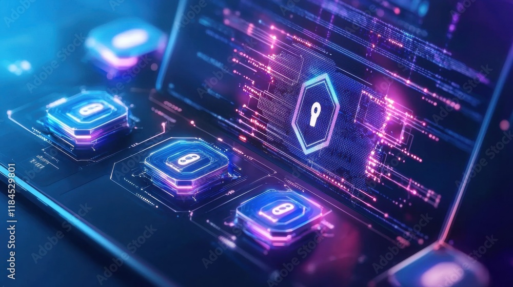 Poster futuristic neon digital hologram interface backdrop with glowing shapes and abstract technological p