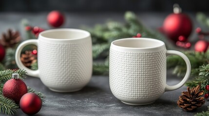 Two white mugs on a table, surrounded by festive red ornaments and evergreen branches, create a cozy holiday atmosphere.