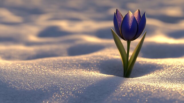 Solitary purple tulip emerging from winter snow