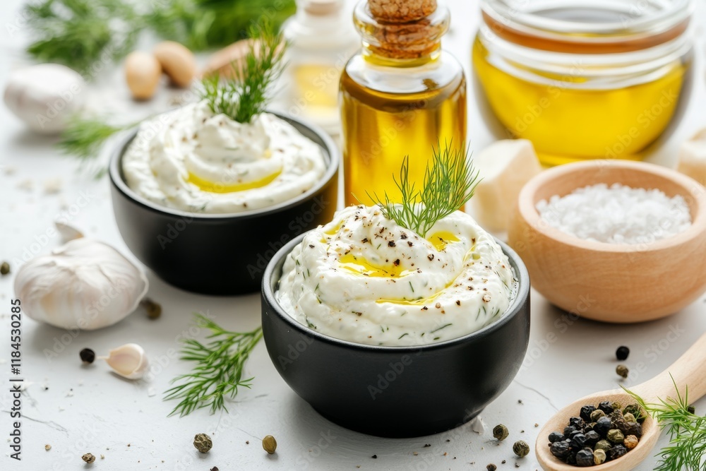 Poster a flat design of tzatziki with olive oil drizzle and a sprig of dill, surrounded by geometric shapes