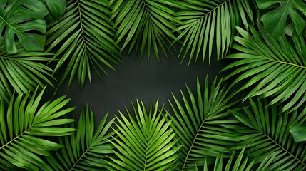 Lush green tropical palm leaves frame on dark background.