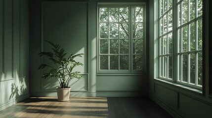Sunlit Green Room with Potted Plant and Large Windows