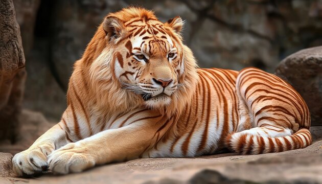 A captivating male liger showcasing its unique hybrid features.