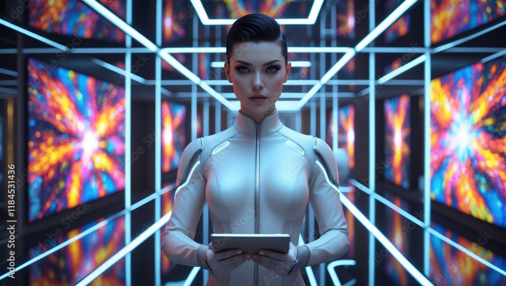 Poster a futuristic figure stands in a neon-lit corridor, holding a device, surrounded by vibrant screens d