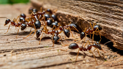 Ants Swarming Near Wood, Symbolizing Infestation Challenges and the Critical Need for Effective Pest Control Solutions to Ensure Clean, Safe, and Pest-Free Environments