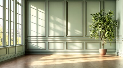 Sunlit Interior Room with Green Walls and Potted Plant