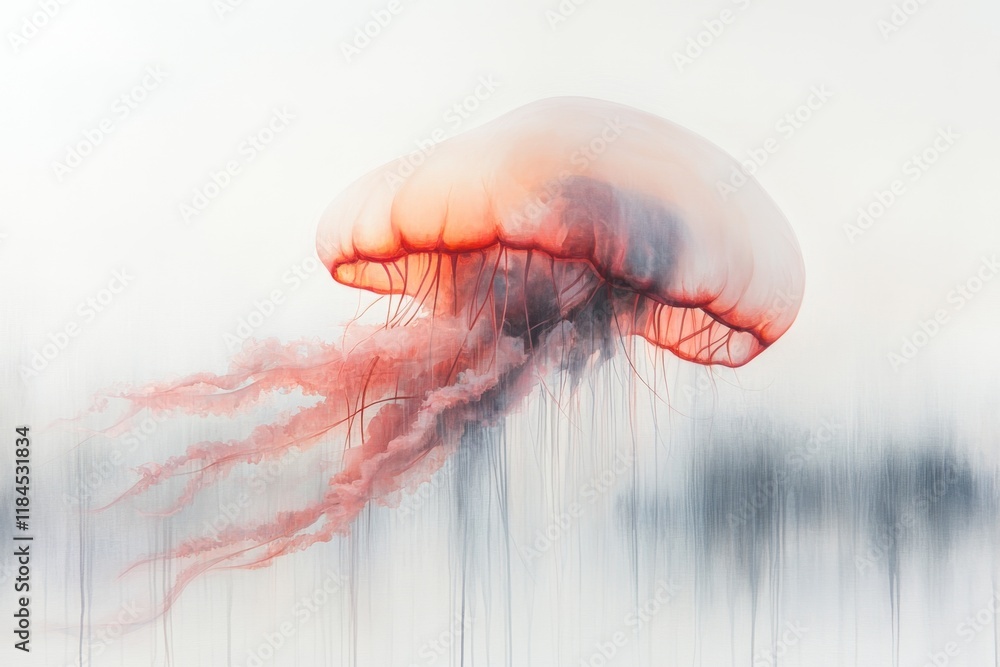 Poster a geometric depiction of a jellyfish with abstract tentacles, drawn in soft pastel colors on a minim
