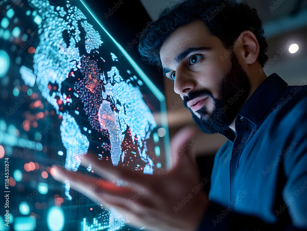 Poster man analyzing global data on interactive screen, office background, technology innovation