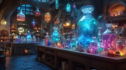 A Mystical Alchemists Workshop Filled With Glowing Potions