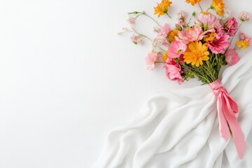 Obraz premium Beautiful bouquet of pastel wildflowers tied with pink ribbon on white linen cloth