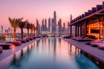Fototapeta premium A glamorous evening at a rooftop pool in Dubai, with the city skyline and glittering lights creating a magical atmosphere
