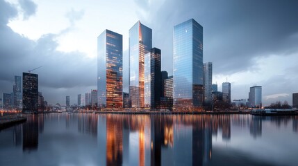 Naklejka premium Dramatic Sunset Silhouettes of Towering Skyscrapers Reflecting on Calm Water in Modern Cityscape