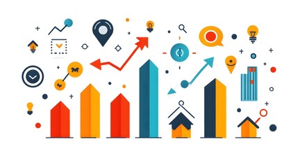 Fototapeta premium Flat design illustration of a bar graph with upward arrows and icons, representing growth on a white background