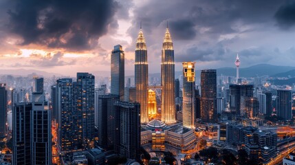 Naklejka premium Dramatic Skyline of Lit up Skyscrapers in a Major Modern Metropolis at Twilight