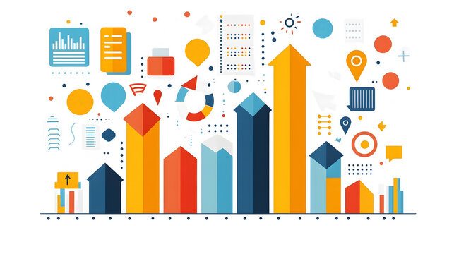 Flat design illustration of a bar graph with upward arrows and icons, representing growth on a white background