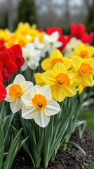 Obraz premium Vibrant Blooming Flowers in Spring Garden with Daffodils Tulips and Narcissus