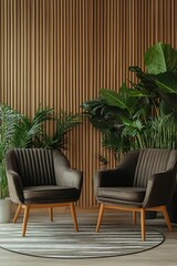 Two brown armchairs with wooden legs sit on a rug in front of a wood-paneled wall with potted plants.