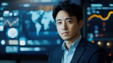 Japanese Businessman in Suit with Stock Quotes and Map Background