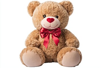 Obraz premium A cute, plush teddy bear with a red bow and a heart-shaped nose, perfect for gifts and cuddles.