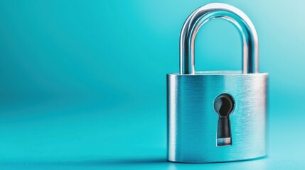 Metallic Padlock on Turquoise Backdrop Represents Secure Digital Data or Financial Protection