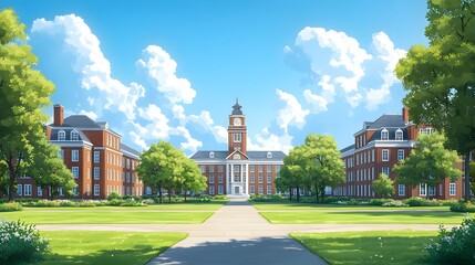 Fototapeta premium Animated vector of a college campus with tall buildings, a central courtyard, and study areas under trees