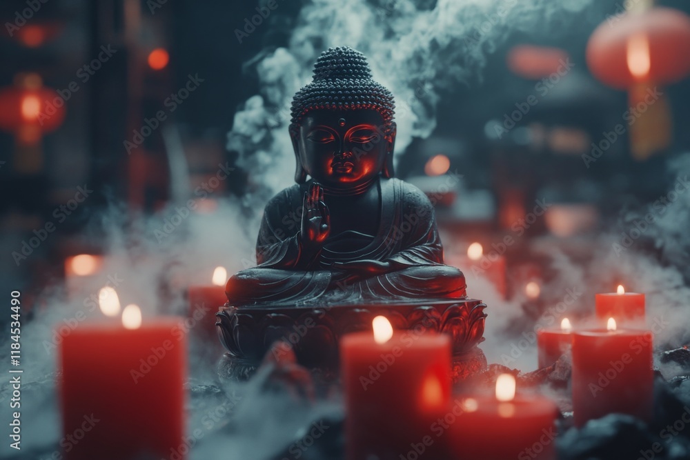 Poster a gothic-style ubosot surrounded by dark mist, with glowing red candles and a shadowy buddha statue 