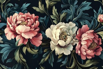 Beautiful peony flowers captured in an oil painting.