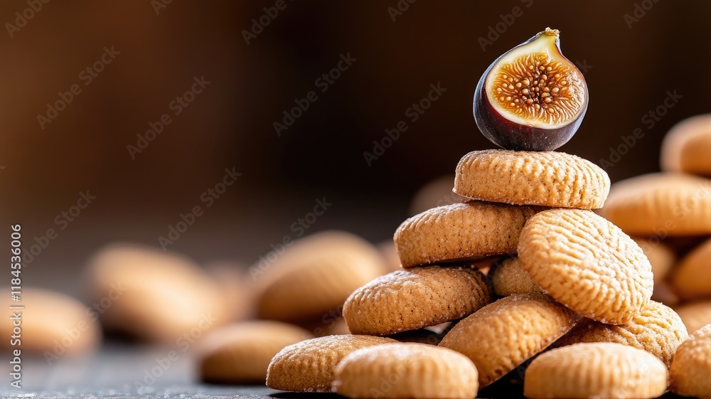 Poster stack of cookies topped with fresh fig on rustic background
