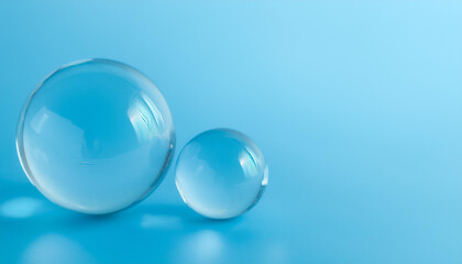 Two glass balls isolated on blue background. Round clear sphere.
