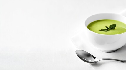 Creamy green soup in white bowl with fresh herb garnish and spoon on background