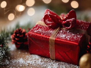 Christmas present under snowy lights cozy indoor setting gift photography holiday spirit close-up view celebration concept