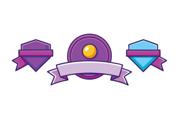 Purple ribbon themed badge and icon set with customizable blank space for text, perfect for awards, banners, or creative projects