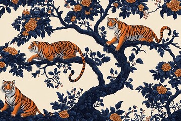Unique tiger motifs incorporated in traditional chinoiserie styles.