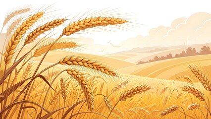 Golden Wheat Field Under Warm Sunlight with Rolling Hills and Tranquil Countryside V4