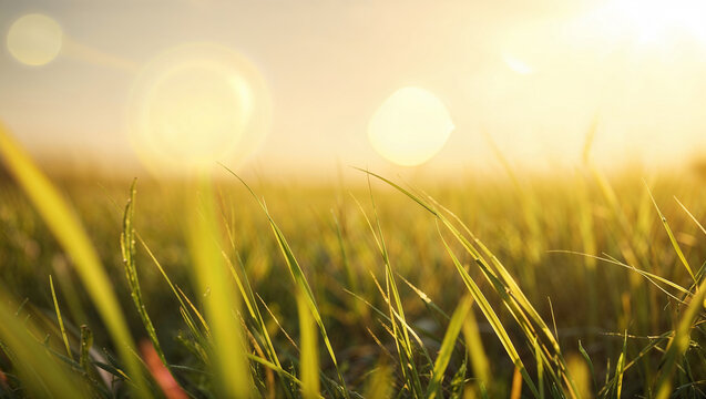 Vibrant green grass backlit by setting sun in vast meadow