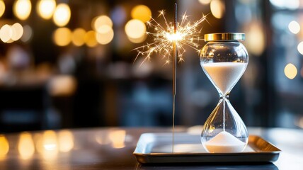 Hourglass with sand and sparkler in dimly lit room, symbolizing passage of time celebration