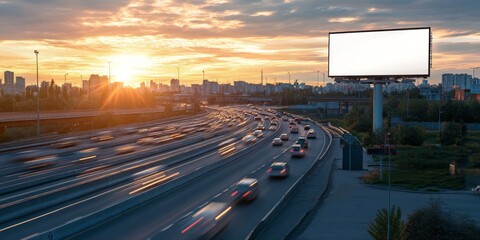 Digital billboard banner mockup above a highway with fast-moving cars, vibrant and eye-catching