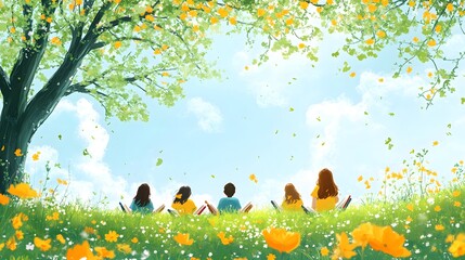 A quiet flat vector scene of students under a tree with books, enjoying the calm of a sunny afternoon