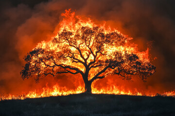 Majestic lone tree engulfed in dramatic flames against night sky