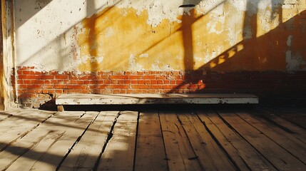 Sunlit Abandoned Building Interior with Exposed Brick and Wood Floor