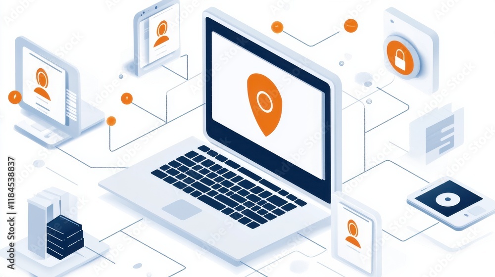 Poster isometric of digital technology and data analytics interface on laptop