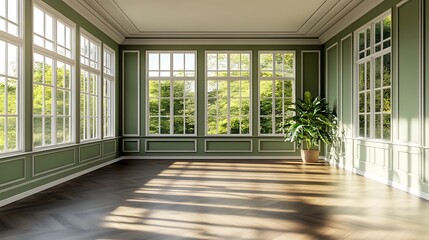 Fototapeta premium Sunlit Room with Green Walls and Large Windows