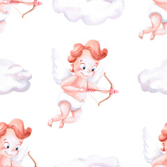 Seamless pattern with a flying angel with a bow and arrow on a white background. Watercolor illustration on the theme of St. Valentine's Day for decorating a cafe, printing on postcards, fabric.