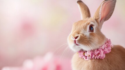 Obraz premium Cute rabbit with floral wreath on neck against soft pink background