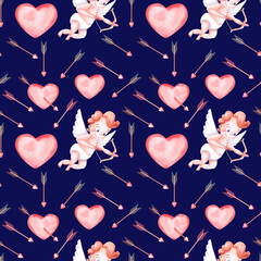 Seamless pattern with cupid . bow and arrow on blue background. Watercolor illustration on the theme of St. Valentine's Day for printing on postcards, fabric, packaging, decoration of children's rooms