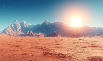 Naklejka premium A serene landscape featuring mountains under a glowing sunrise in a desert-like environment.