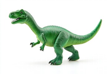 A green dinosaur toy is standing on a white background