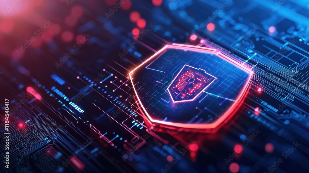 Poster glowing hexagonal digital landscape with neon lights and abstract patterns