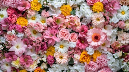 Floral frame made of colorful pink, white, and yellow flowers, with a soft gradient background