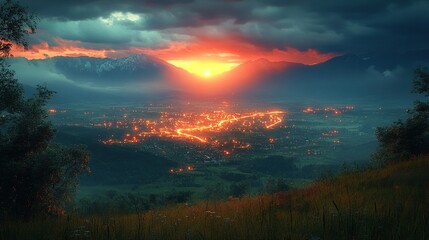 A stunning sunset over a valley with mountains, illuminating the landscape and town below.